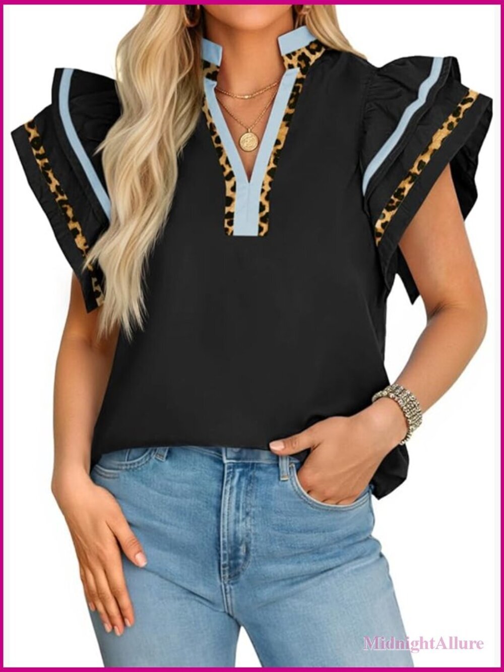 Ruffle Cap Sleeve Blouse V-Neck Color Block Pleated Loose Fit Top